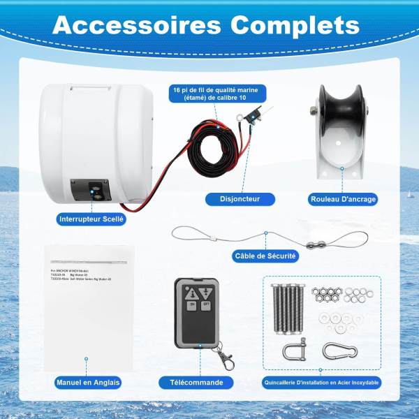 Treuil électrique 12 V pour eau douce et eau salée - Treuil avec fil - Portée jusqu'à 20 kg