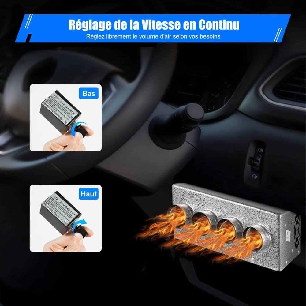 Chauffage de voiture universel compact 4 ports avec régulateur de vitesse 12 V + interrupteur