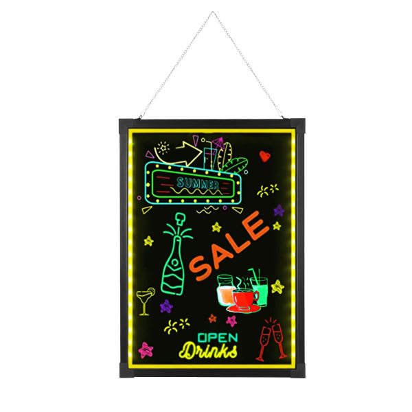 Panneau publicitaire lumineux DIY - 50 cm x 70 cm - Avec télécommande et 8 crayons néons - Panneau publicitaire pour café, bar (sans batterie)