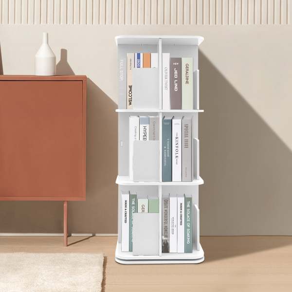 Bibliothèque rotative 360°, bibliothèque verticale à fond carré, petite bibliothèque d'angle à 3 étagères - Blanc Bibliothèque rotative 360°, bibliothèque verticale à fond carré, petite bibliothèque d'angle à 3 étagères - Blanc