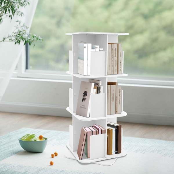Bibliothèque rotative 360°,  bibliothèque verticale à fond carré, petite bibliothèque d'angle à 3 étagères - Blanc