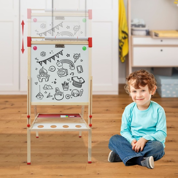 Tableau blanc et tableau noir double face, tableau pour enfants avec chiffres et autres accessoires, chevalet réglable en hauteur pour enfants
