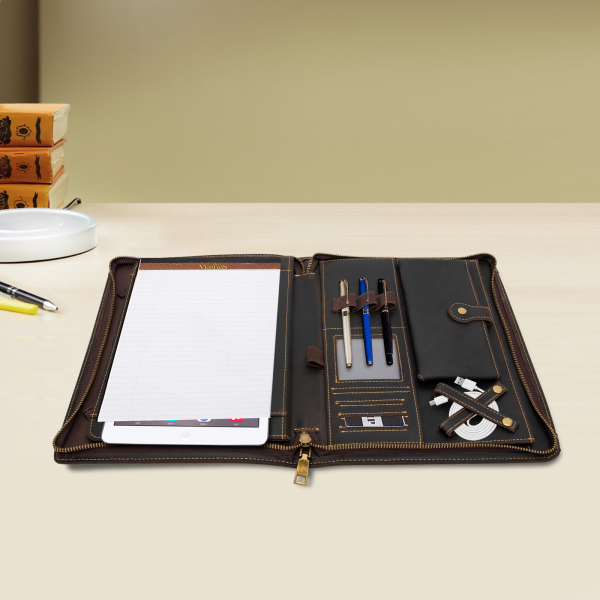 Portefeuille à fermeture éclair en cuir de vache pour tablette de 9,7 pouces et documents professionnels, marron