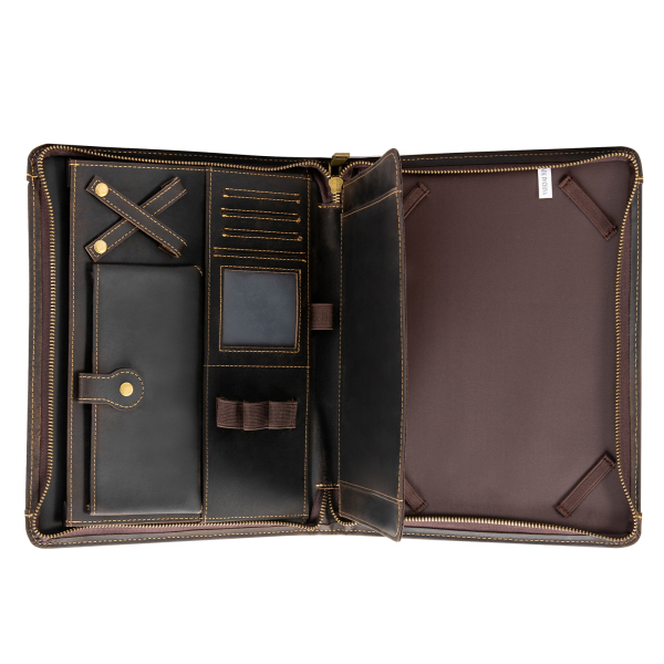 Portefeuille à fermeture éclair en cuir de vache pour tablette de 9,7 pouces et documents professionnels, marron