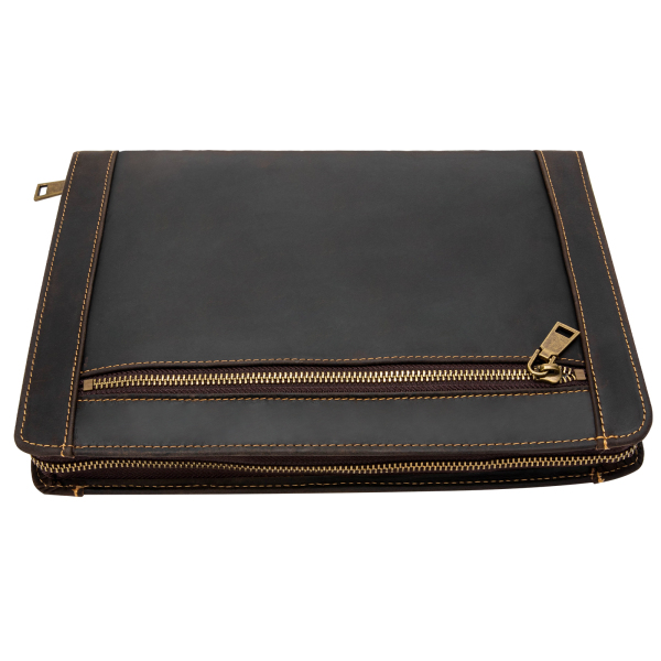 Portefeuille à fermeture éclair en cuir de vache pour tablette de 9,7 pouces et documents professionnels, marron
