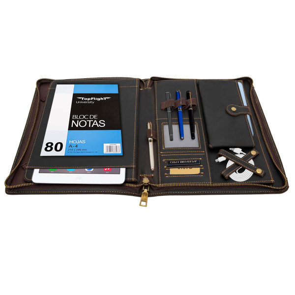 Portefeuille à fermeture éclair en cuir de vache pour tablette de 9,7 pouces et documents professionnels, marron