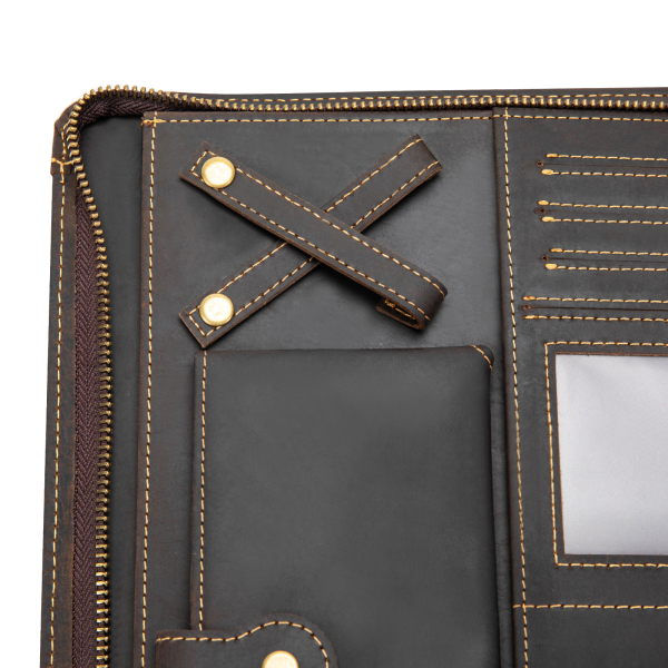 Portefeuille à fermeture éclair en cuir de vache pour tablette de 9,7 pouces et documents professionnels, marron