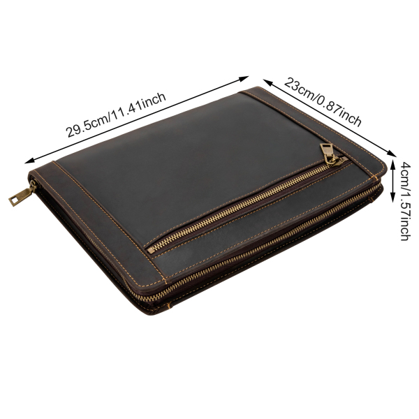 Portefeuille à fermeture éclair en cuir de vache pour tablette de 9,7 pouces et documents professionnels, marron