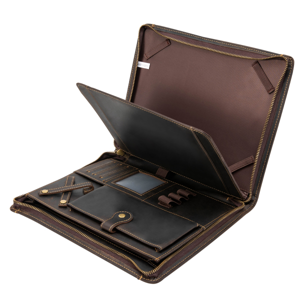 Portefeuille à fermeture éclair en cuir de vache pour tablette de 9,7 pouces et documents professionnels, marron