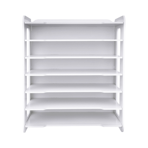 Bureau en bois blanc à 7 niveaux, organiseurs et accessoires, corbeille à courrier, trieur de papier, classeur et porte-documents.