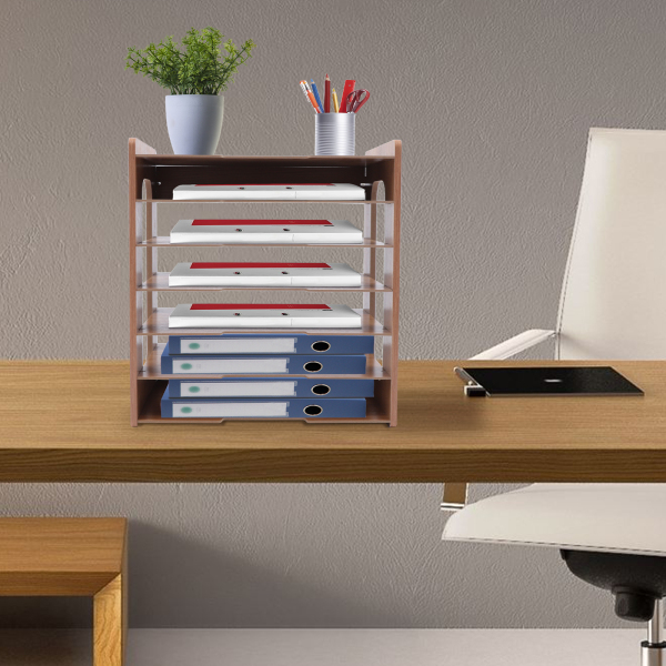 Organiseur de bureau en bois à 7 niveaux, idéal pour ranger des documents et des dossiers.