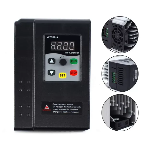 Inverseur de fréquence VFD monophasé - Régulateur de vitesse - 220 V - 2,2 kW - Variable - Capacité de driver - Réglable pour moteur à broche Inverseur de fréquence VFD monophasé - Régulateur de vitesse - 220 V - 2,2 kW - Variable - Capacité de driver - Réglable pour moteur à broche