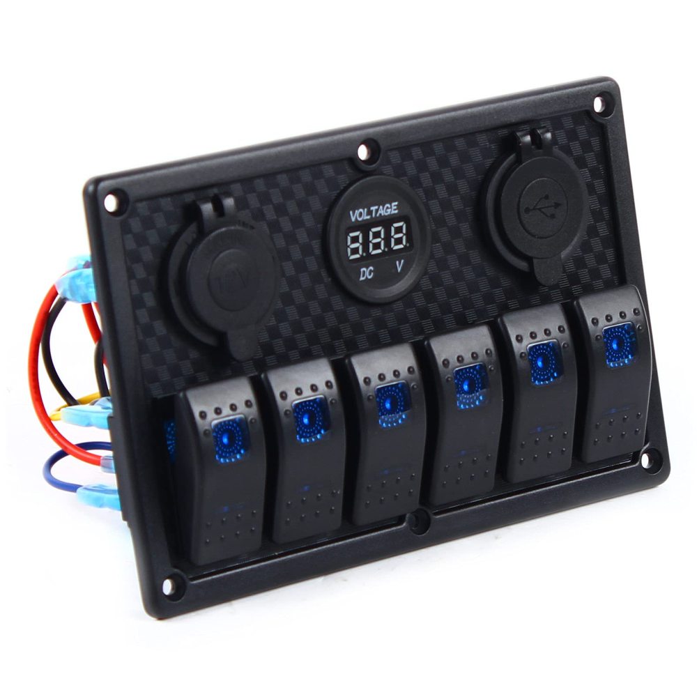 Panneau interrupteur pour bateau - 6 vitesses - Interrupteur d'allumage - Étanche - Avec double chargeur USB - Voltmètre LED