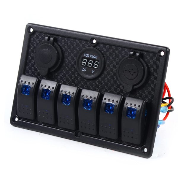 Panneau interrupteur pour bateau - 6 vitesses - Interrupteur d'allumage - Étanche - Avec double chargeur USB - Voltmètre LED Panneau interrupteur pour bateau - 6 vitesses - Interrupteur d'allumage - Étanche - Avec double chargeur USB - Voltmètre LED