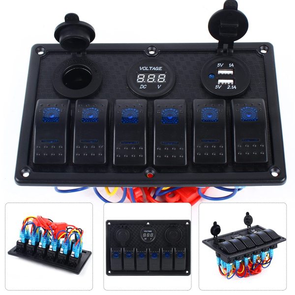Panneau interrupteur pour bateau - 6 vitesses - Interrupteur d'allumage - Étanche - Avec double chargeur USB - Voltmètre LED Panneau interrupteur pour bateau - 6 vitesses - Interrupteur d'allumage - Étanche - Avec double chargeur USB - Voltmètre LED