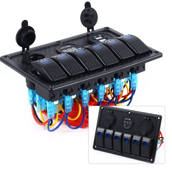 Panneau interrupteur pour bateau - 6 vitesses - Interrupteur d'allumage - Étanche - Avec double chargeur USB - Voltmètre LED Panneau interrupteur pour bateau - 6 vitesses - Interrupteur d'allumage - Étanche - Avec double chargeur USB - Voltmètre LED