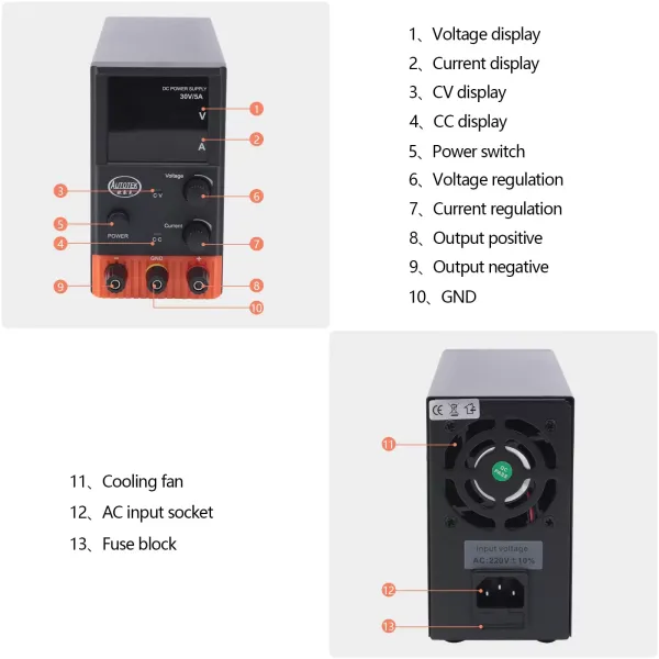 Bloc d'alimentation de laboratoire 220 V 5 A CC réglable avec affichage LED à 4 chiffres, câble d'alimentation européen