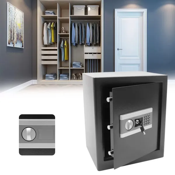 Interrupteur à clé électronique de 45 litres - Double cloison amovible avec batterie - Petit coffre-fort de 45 cm de haut Interrupteur à clé électronique de 45 litres - Double cloison amovible avec batterie - Petit coffre-fort de 45 cm de haut