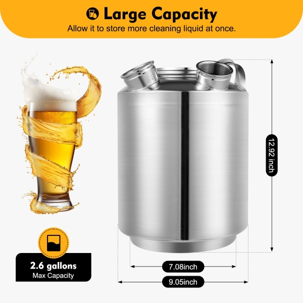 Fût de nettoyage de bière en acier inoxydable 10L récipient de nettoyage réservoir de nettoyage à 3 têtes fût de nettoyage de caisse de bière