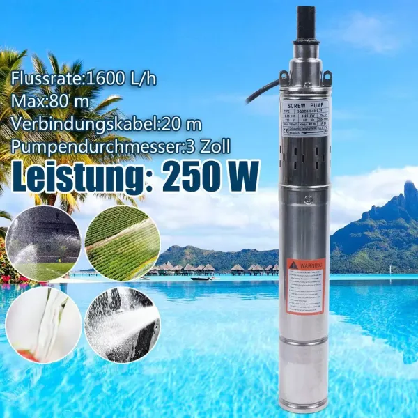 Pompe de Puits Profond, Pompe Submersible en Acier Inoxydable de 3 Pouces, Pompe de Puits de 250 W, Débit Max. 1600 l/h