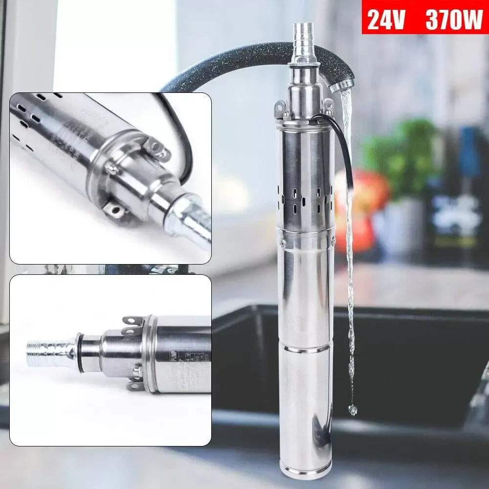 Pompe à Eau Solaire DC 24V 370W Submersible Pompe de Puits Inox 1.8m³/H MAX 65m Puits Profond Solaire Submersible