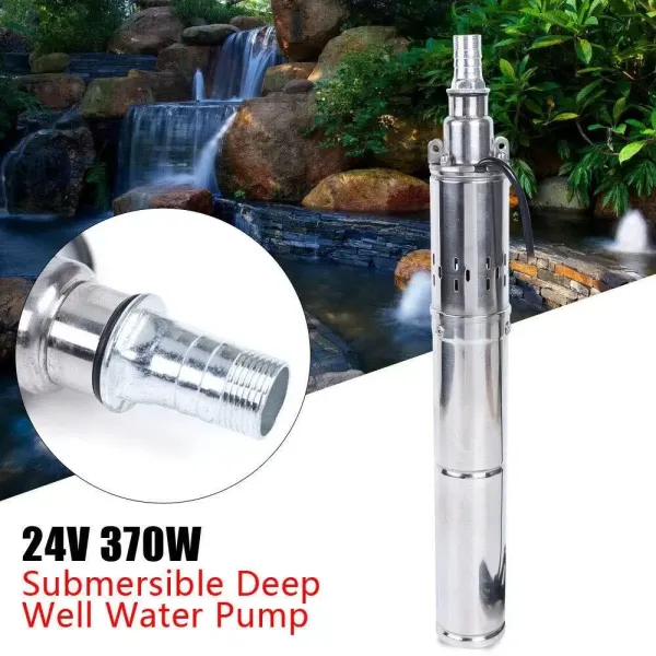 Pompe à Eau Solaire DC 24V 370W Submersible Pompe de Puits Inox 1.8m³/H MAX 65m Puits Profond Solaire Submersible