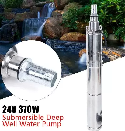 Pompe à Eau Solaire DC 24V 370W Submersible Pompe de Puits Inox 2m³/H MAX 65m Puits Profond Solaire Submersible