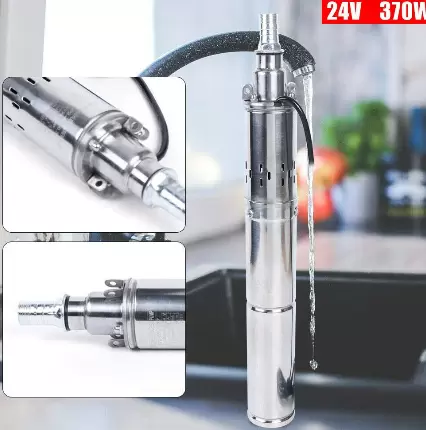 Pompe à Eau Solaire DC 24V 370W Submersible Pompe de Puits Inox 2m³/H MAX 65m Puits Profond Solaire Submersible