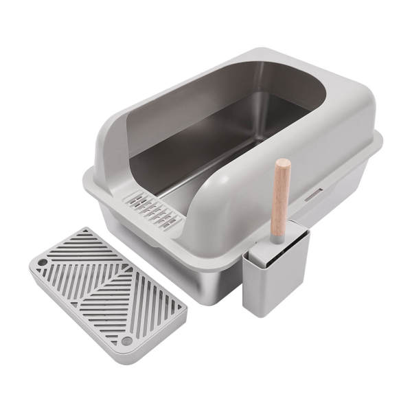 Bac à litière pour chat en acier inoxydable, bac à litière avec pelle de protection, grand bac à litière (gris clair)