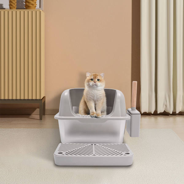 Bac à litière pour chat en acier inoxydable, bac à litière avec pelle de protection, grand bac à litière (gris clair)