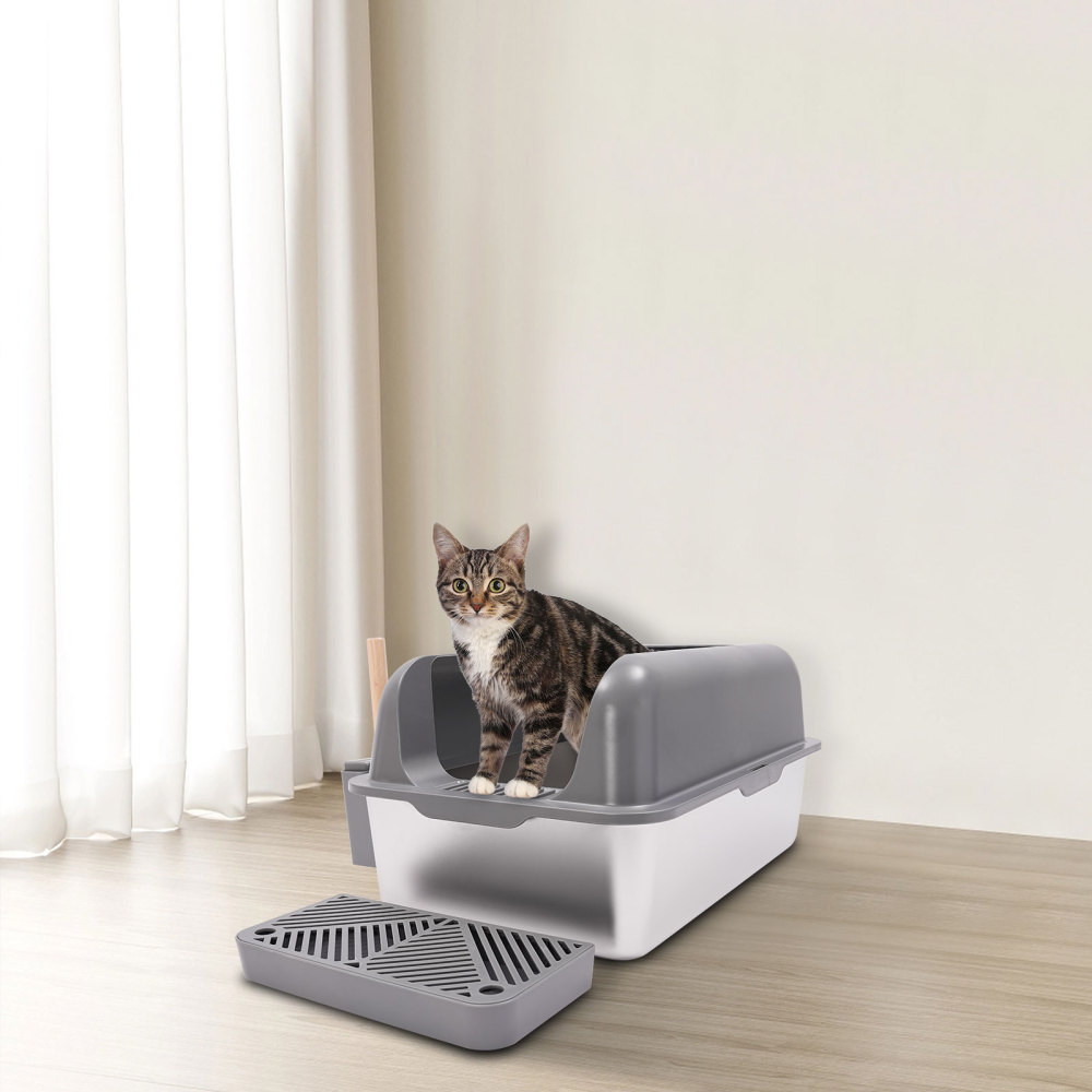 CNCEST Bac à litière pour chat en acier inoxydable Bac à litière avec pelle de protection Grand bac à litière