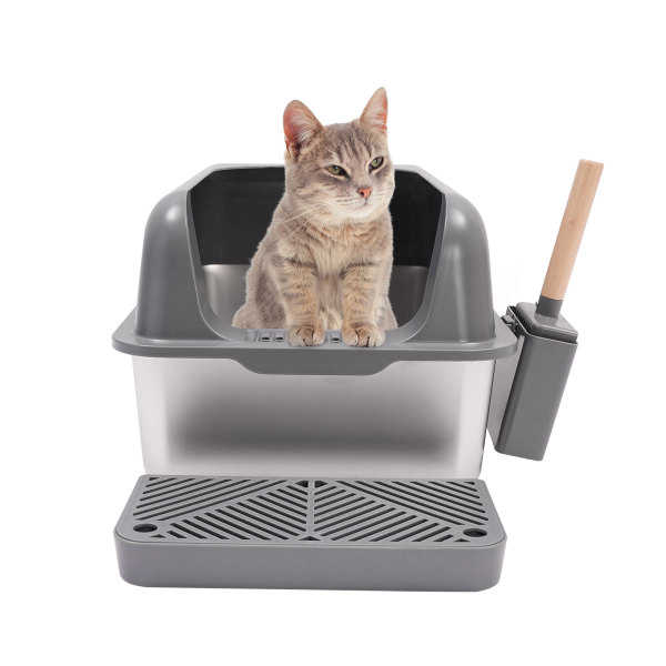 CNCEST Bac à litière pour chat en acier inoxydable Bac à litière avec pelle de protection Grand bac à litière CNCEST Bac à litière pour chat en acier inoxydable Bac à litière avec pelle de protection Grand bac à litière