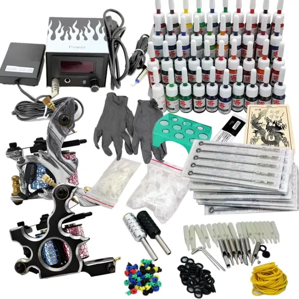 Machine à Tatouer Kit Complet de Machine à Tatouer pour Machine à Tatouer 2 Poignées de Tatouage en Alliage 40 Encres Alimentation LCD