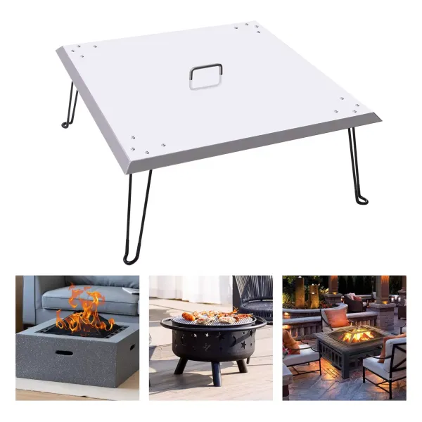 Brasero Couvercle en acier inoxydable pour barbecue, patio, patio, carré, en métal, avec pieds pliables Brasero Couvercle en acier inoxydable pour barbecue, patio, patio, carré, en métal, avec pieds pliables