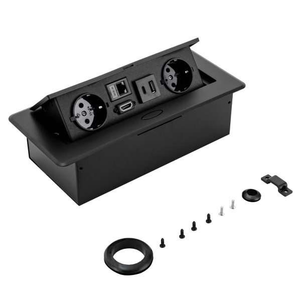 Prise de table rétractable avec 2 chargeurs UE LAN HDMI et 5 V 2 A USB Typec Noir