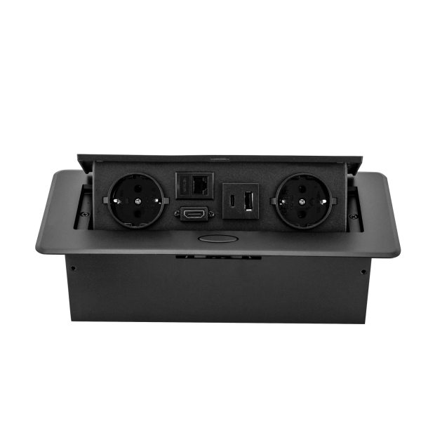 Prise de table rétractable avec 2 chargeurs UE LAN HDMI et 5 V 2 A USB Typec Noir