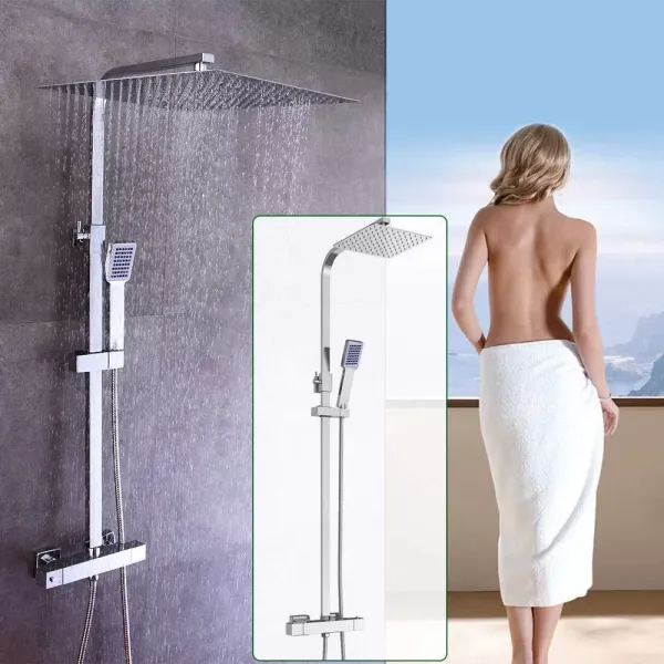 Kit de douche avec système de douche à effet pluie en acier inoxydable - Avec pommeau de douche thermostatique - Pommeau de douche - 30 cm