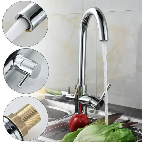 Robinet 3 voies universel avec valve en céramique - Système d'osmose 3 voies - Robinet en laiton et céramique - Pour évier de cuisine