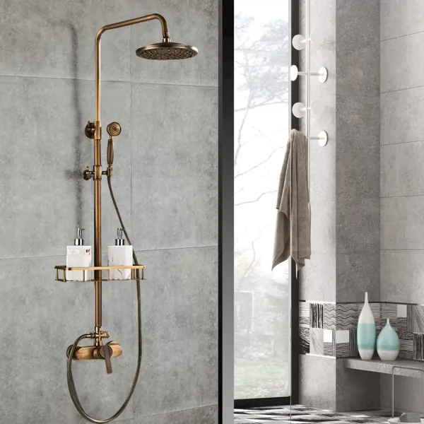 Ensemble de douche en laiton antique avec pommeau de douche 75-120 cm réglable avec étagère