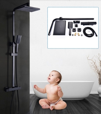 Système de douche 360° avec thermostat 38° C Douche à effet pluie noire