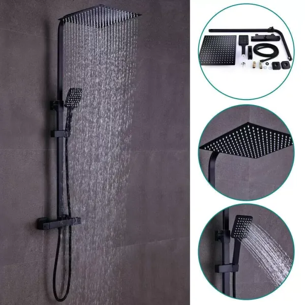 Système de douche avec thermostat noir - Barre de douche en acier inoxydable - Robinet thermostatique en cuivre pour salle de bain