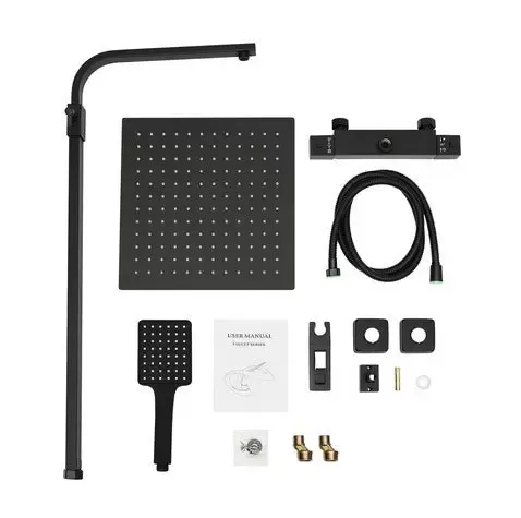 Système de douche avec thermostat noir - Barre de douche en acier inoxydable - Robinet thermostatique en cuivre pour salle de bain