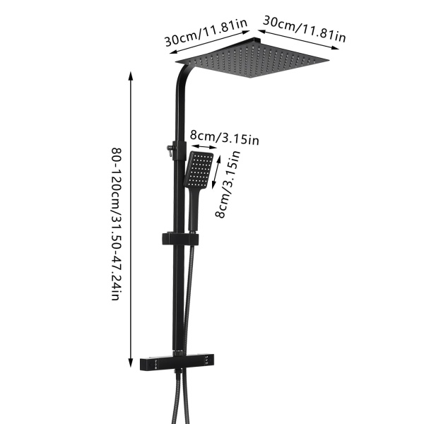 Système de douche avec thermostat noir - Barre de douche en acier inoxydable - Robinet thermostatique en cuivre pour salle de bain