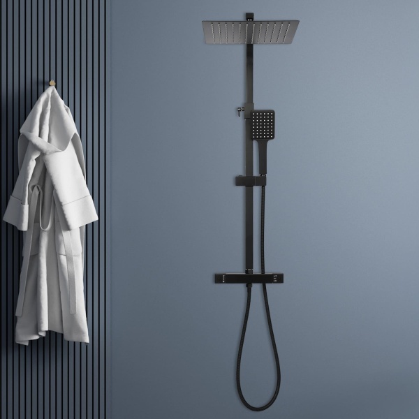 Système de douche avec thermostat noir - Barre de douche en acier inoxydable - Robinet thermostatique en cuivre pour salle de bain