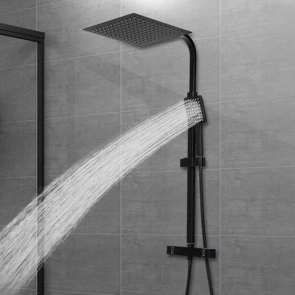 Système de douche avec thermostat noir - Barre de douche en acier inoxydable - Robinet thermostatique en cuivre pour salle de bain