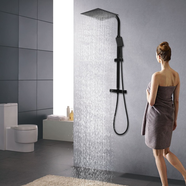 Système de douche avec thermostat noir - Barre de douche en acier inoxydable - Robinet thermostatique en cuivre pour salle de bain