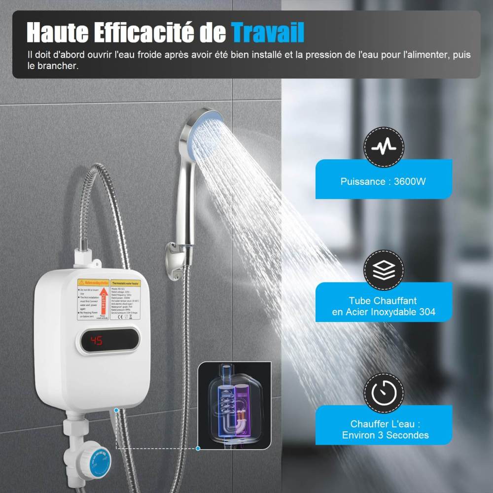 Chauffe-Eau Instantané Électronique 3500W Mini Chauffe-Eau Instantané + Pommeau de Douche