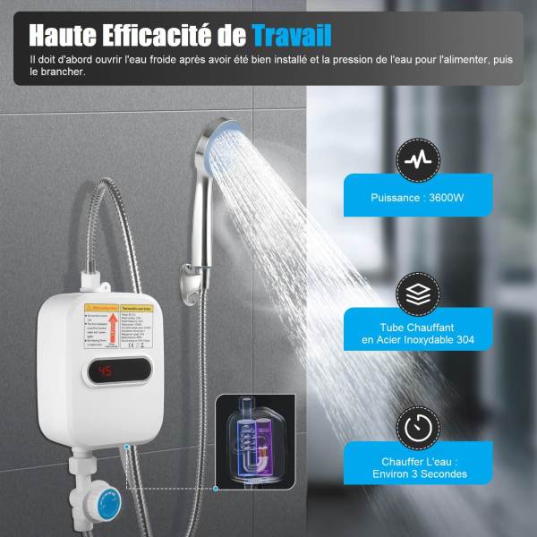 Chauffe-Eau Instantané Électronique 3500W Mini Chauffe-Eau Instantané + Pommeau de Douche