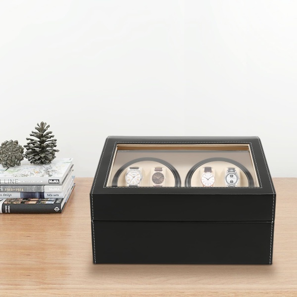 Remontoir de montre en cuir et bois à Rotation automatique 4 + 6, boîte de rangement noire Remontoir de montre en cuir et bois à Rotation automatique 4 + 6, boîte de rangement noire