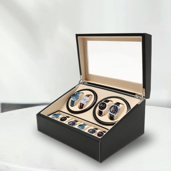 Remontoir de montre en cuir et bois à Rotation automatique 4 + 6, boîte de rangement noire